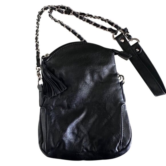Black Leather Crossbody Tassel Bag W/ Woven Chain Strap - Picture 1 of 12